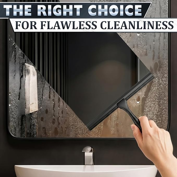 Shower Door Squeegee with Hook - 10" Silicone Blade, Stainless Steel Black Squeegee for Shower Glass with Adhesive Mount - All-Purpose Bathroom Tile, Mirror, & Window Wiper for Streak-Free Cleaning