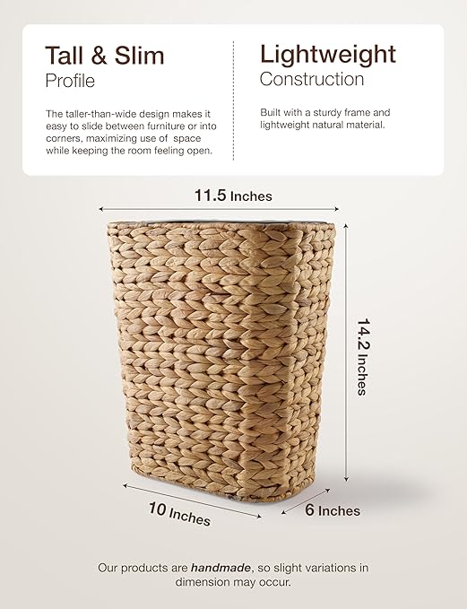 Tidita 3 GALLONS Wicker Waste Basket - Wicker Trash Can with Lid - Water Hyacinth Bathroom Garbage Can with a Lid - Bathroom Trash Can Boho Style - Removable Liner, Iron Frame (Natural, 3 Gallons)