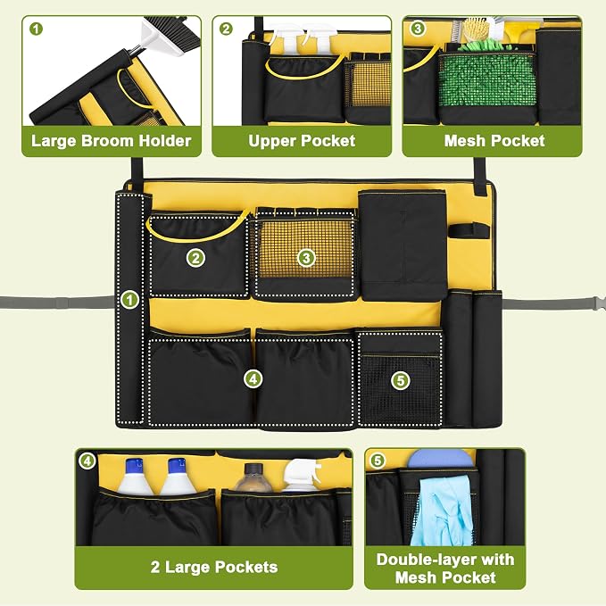 HODRANT 32-55 Gallon Trash Can Caddy Bag, Garbage Bin Apron Caddy with Multiple Pockets for Cleaning Supplies, Cleaning Tool Organizer with Adjustable Buckle for Janitorial Trash Can, Black+Yellow