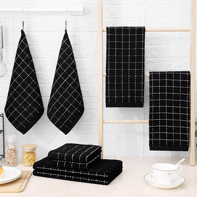 Homaxy Kitchen Towels and Dishcloths Set, 12 x 12 and 13 x 28 Inches, Set of 10 Bulk Cotton Terry Kitchen Towels Set, Checkered Designed, Soft and Super Absorbent Dish Towels, Black