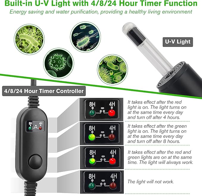 hygger 4-in-1 Submersible U-V Filter Pump, Internal Green Water Killer with Timer, 210GPH 8W Adjustable Fish Tank Filter, Increase Oxygen for 40-80 Gallon Aquarium Tank