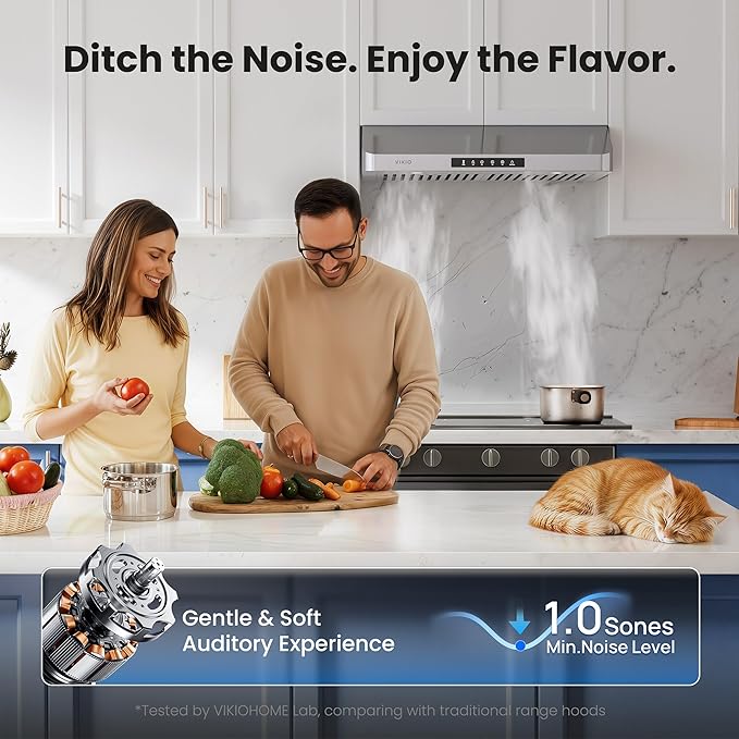 VIKIO HOME Under Cabinet Range Hood 36 Inch, 980CFM Fast Venting Kitchen Hood With 3 Speed Gesture Sensing & Touch Control, Stainless Steel Stove Hood With LED Light And 2 Baffle Filters