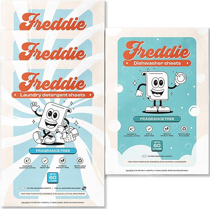 Freddie Laundry & Dishwasher 3x Bundle: 3 Pack of Fragrance Free Laundry Sheeets plus 1 pack each of Dishwashing Sheets