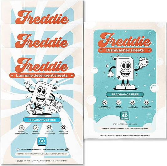 Freddie Laundry & Dishwasher 3x Bundle: 3 Pack of Fragrance Free Laundry Sheeets plus 1 pack each of Dishwashing Sheets