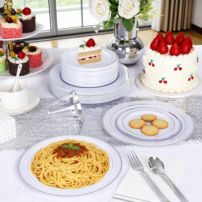 GATHER 175 Pieces Silver Plates - Disposable Silver Plastic Plates Includes 50 Plates, 75 Silverware, 25 Napkins, 25 Silver Rimmed Cups Perfect for Party & Weding