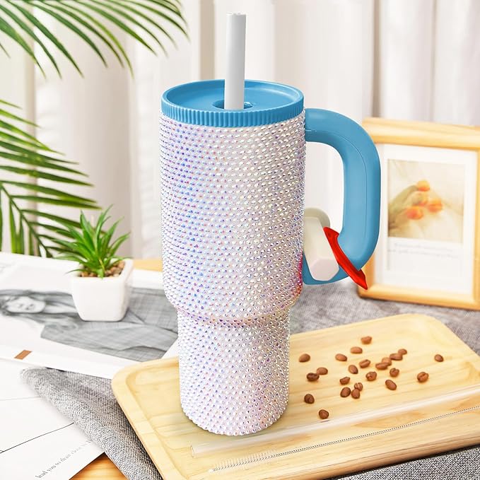 HWISDMIG 40oz Tumbler with Handle-Glitter Rhinestones Tumbler Bling Cups Stainless Steel Water Bottle Diamond Studded Tumbler for Women-Birthday Gifts for Women, Mom, Girlfriend (Pearl Luster)