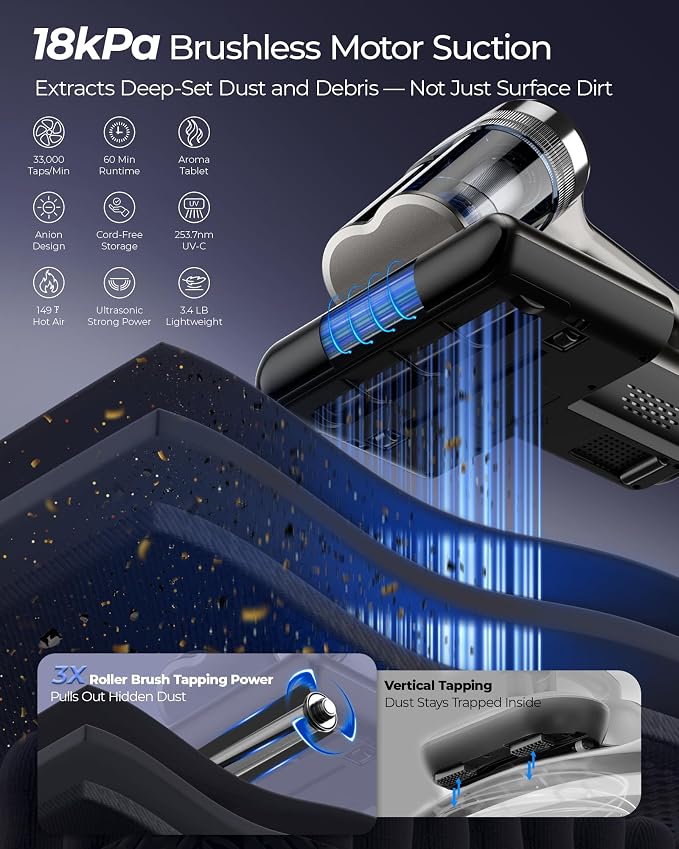 Teant Upgrade Cordless Mattress Vacuum with 18kPa Ultra-Deep Suction, 2-Speed Bed Vacuum with 33000 RPM/Min Roller Brush, 253.7nm UV-C Light & LED Display, HEPA, 149℉ Heat, Aroma & Anion for Bed Sofa