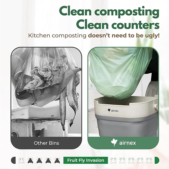 AIRNEX Collapsible Food Waste Bin with Lid - 1 Gallon Food Waste Caddy for Kitchen Made of Wheat Straw - Odor Free Compost Bin with 20 Pcs Compostable Trash Bags and 14 Pcs Carbon Filters