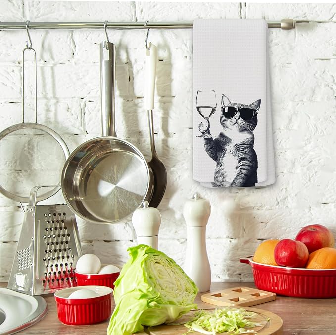 Funny Cat Wine Kitchen Towels, Gifts for Dog Wine Lovers, Bar Accessories Dish Tea Towels for Kitchen, Dog Owners Housewarming Gift Decorative Hand Towel 16x24 Inch