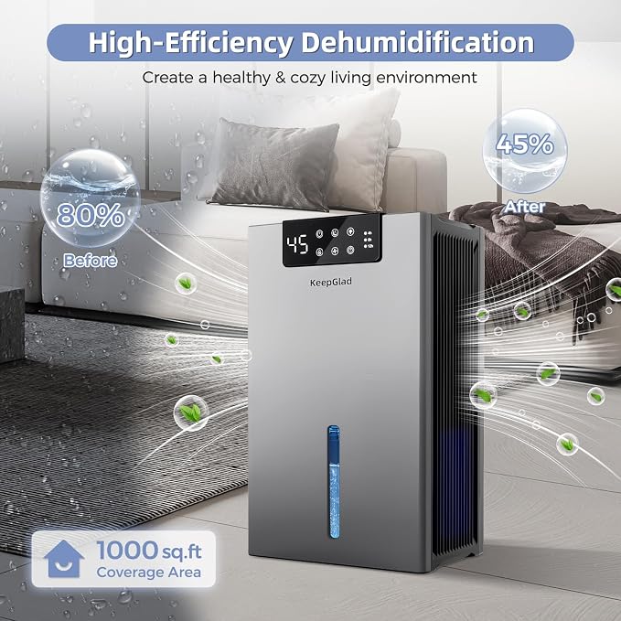 Dehumidifier, Dehumidifiers for Home(1000sq.ft), 98 OZ Dehumidifier Washable Air Filter, Dehumidifiers for Basement with Drain Hose, Auto Shut Off, Timer Setting, Humidity Display, Gray