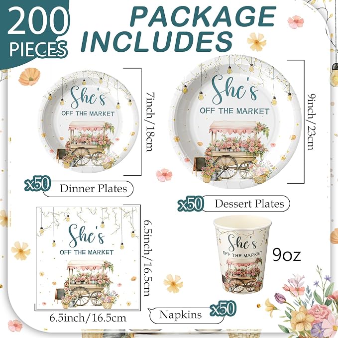 Zhehao 200 Pcs She's off the Market Bridal Shower Plates Napkins Sets Bridal Shower Decoration Wedding Decorations Wedding Paper Plates Engagement Bachelorette Supplies, Serve 50