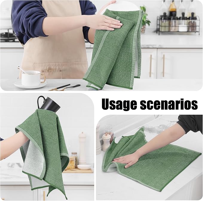 Homaxy Premium Kitchen Towels(18”x 28”, 3 Pack), Large Cotton Kitchen Hand Towels, Flat and Terry Dish Towels, 380 GSM Highly Absorbent Tea Towel Set with Hanging Loop, Grass Green