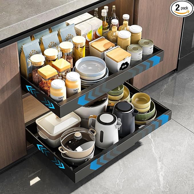 Mustorn 2 Pack Pull Out Cabinet Organizer, Expandable Slide Out Drawers for Kitchen Cabinets Peel and Stick Pullout Drawer Heavy Duty Sliding Shelves for Cupboard, Pantry, Bathroom(16.5" Deep, Black)