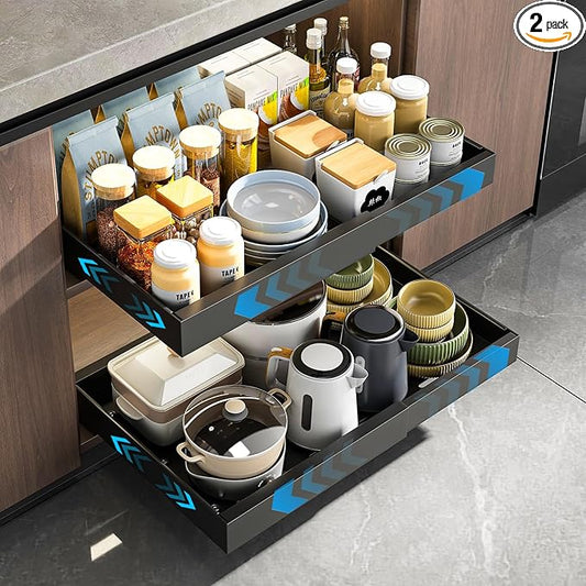 Mustorn 2 Pack Pull Out Cabinet Organizer, Expandable Slide Out Drawers for Kitchen Cabinets Peel and Stick Pullout Drawer Heavy Duty Sliding Shelves for Cupboard, Pantry, Bathroom(16.5" Deep, Black)