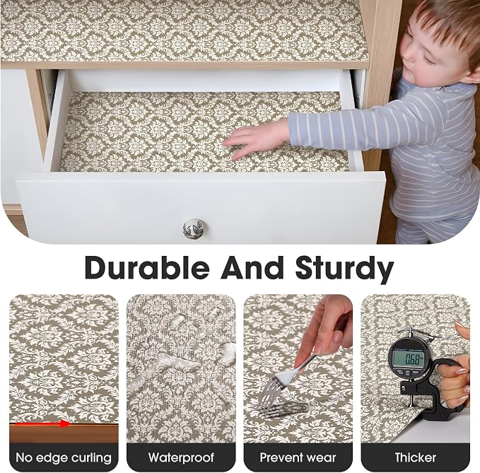Drawer and Shelf Liner, Non-Slip Kitchen Cabinet Liners Non-Adhesive Thick Strong Grip Waterproof Washable Mats Protect Dresser Shelves Cupboard Bathroom Cabinets, Boho: Beige, 18 in X 30 FT