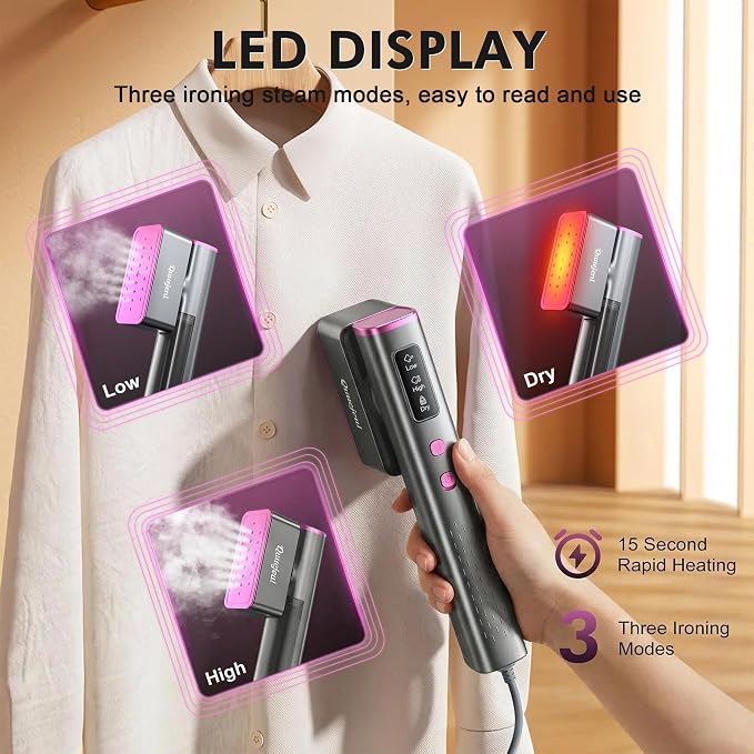 Travel Steamer Iron for Clothes, 100V-240V Portable Iron, 15s Fast Heat Up, 2 in 1 Handheld Steamer & Iron, LED Display, Fabric Quick Wrinkle Remover for Global & Europe