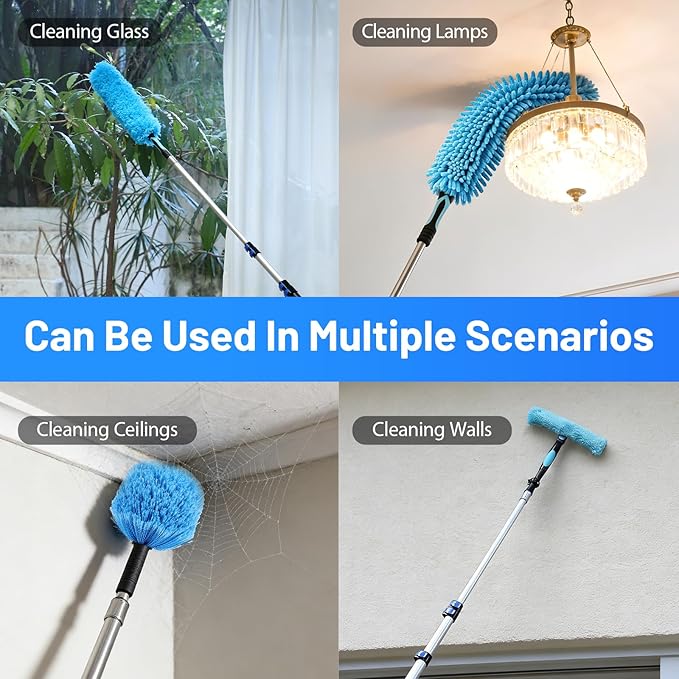 FAHKNS 25 Foot High Ceiling Fan Duster, Heavy Duty High Reach Duster Kit for Cleaning, Spider Web Brush, Washable Dust Brush for High Roof and Glass Surfaces (with 5-18ft Extension Pole)