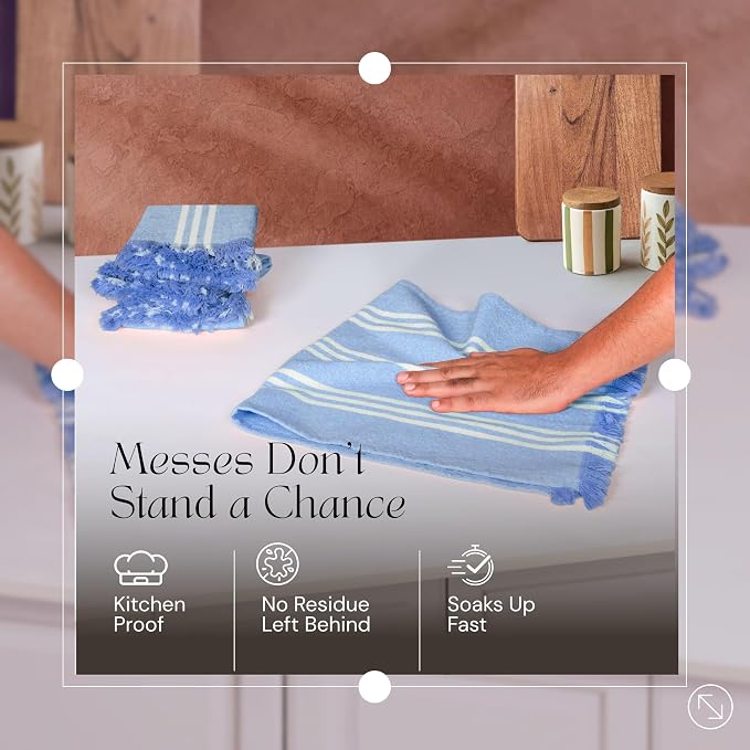 3 Pack Monochrome Stripe Dish Towels with Fringes, 16"x26", 100% Cotton, Absorbent & Durable, Quick Drying Kitchen Towels for Daily Cleaning, Cooking & Baking, Easy Care, Sky Blue