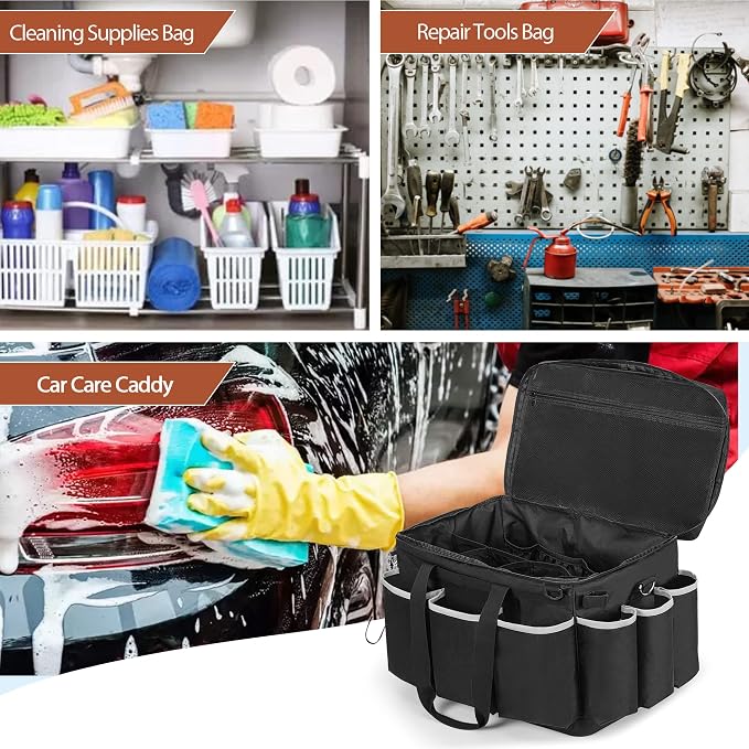 HODRANT Extra-Large Detailing Bag with Waterproof EVA Hard Bottom, Auto Detail Supplies Organizer for Polisher, Bottles & Detailing Kit, Car Care Tools Tote with Lid & Shoulder Strap, Patent Design