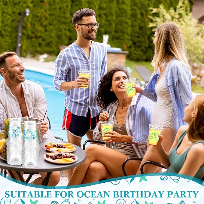100 Pcs Seashell Plastic Cups 12 oz Summer Beach Starfish Disposable Plastic Drinking Cups Bulk for Under the Sea Ocean Pool Birthday Wedding Bridal Baby Shower Party Decoration Supplies