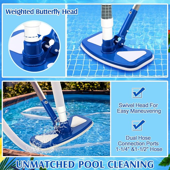 Potchen 4 Pcs Pool Cleaning Kit for Above Ground, Includes Vacuum Head, Brush Head, Mesh Skimmer Net and Pool Chlorine Floater, Perfect for Spa Hot Tub Walls Floors Maintenance(Round Corner)