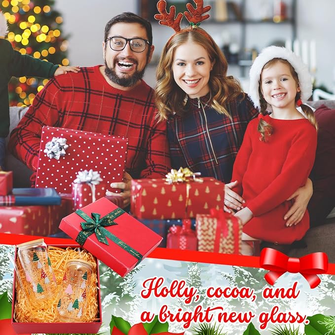 Sliner 2 Pcs Christmas Tree Glass Cups Summer Xmas Tumbler with Lid Straw Drinking Glasses 16 oz Iced Coffee Cup with Cleaning Brush Beer Can Tumbler Cute Holiday Gifts