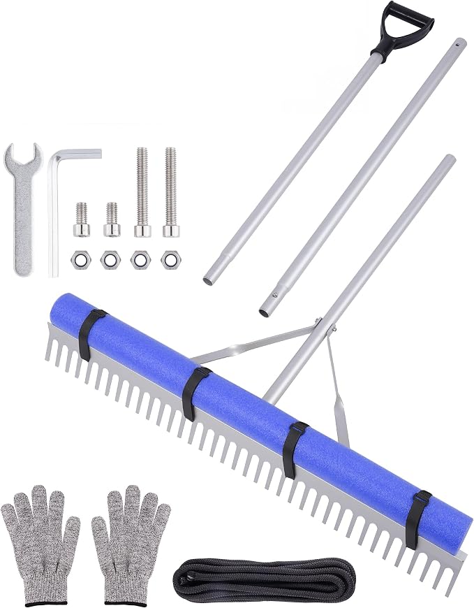 Pond Rake, 36" Floating Rake with 8.5ft (102in) Extension Handle & 20ft Rope, Aluminum Aquatic Weed Rake for Lake, Landscape Rake for Algae, Muck & Debris Removal, 2-in-1 Water & Land Tool Blue