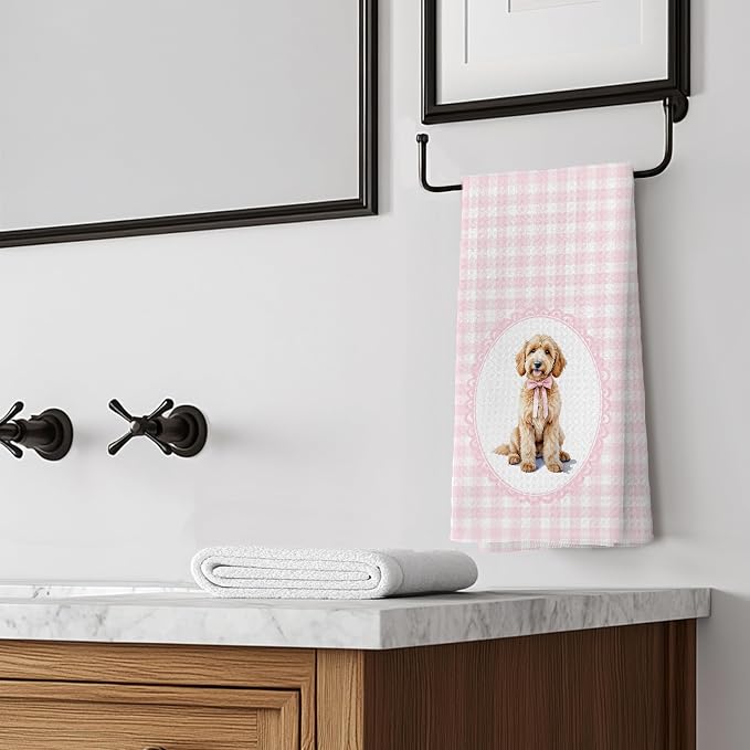Coquette Pink Bow Goldendoodle Dog Kitchen Hand Towels for Bathroom, Golden Doodle Gifts Women, Coquette Pink Goldendoodle Dog Girly Bathroom Kitchen Decor, 16x24 Inches
