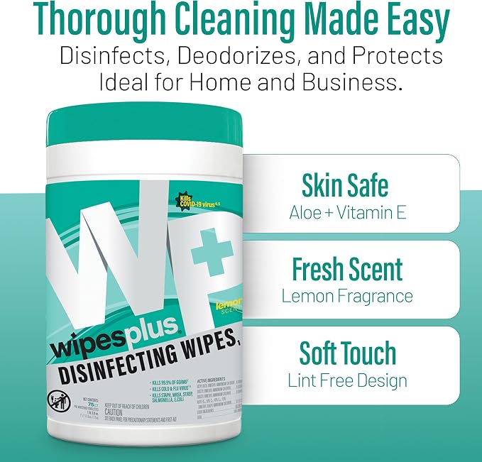 WIPESPLUS Disinfecting Surface Wipes Canister Bleach Free with Lemon Scent for Home and Business, 450 Count, (6 Packs of 75)