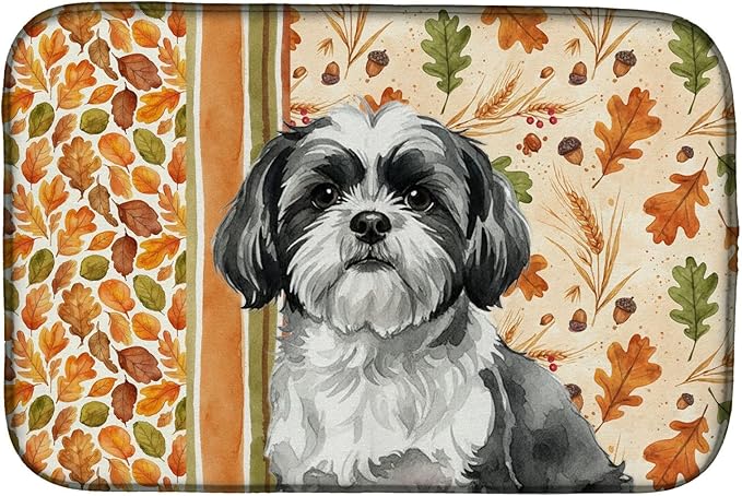 Caroline's Treasures Black and White Shih Tzu Heirloom Fall Dish Drying Mat Absorbent Dish Drying Mat Pad for Kitchen Counter Dish Drainer Mat for Countertop, 14 x 21", Multicolor