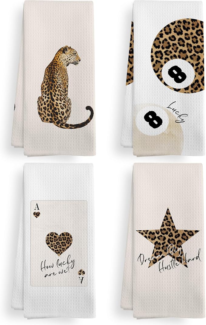 Trendy Leopard Cheetah Print Poker Lucky 8 Ball Bathroom Decor, Preppy Beige Neutral Leopard Decor Dish Hand Towels for Bathroom Kitchen Sets of 2, Cheetah Kitchen Towels and Dishcloths,16x24