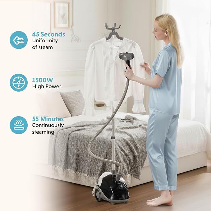 Simple Deluxe Standing Garment Steamer with Wheels, 1500W High-Power Steam, 1.7L Tank for 55 Mins Non-Stop Use, Adjustable Telescopic Pole, Professional Wrinkle Eraser for Clothes, Black
