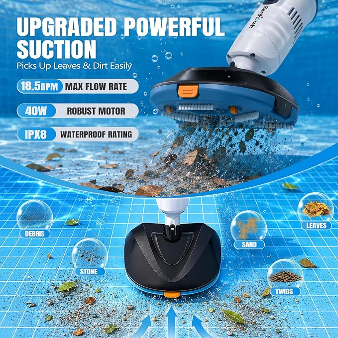 18.5 GPM Suction Pool Vacuum for Above Ground Pool,Hot Tubs,Spas | Telescopic Pole Up To 75'', 1.4L Debris Capacity, 60 Min Runtime, Filter Net*2, Cordless Pool Vacuum