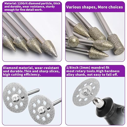 120Grit Diamond Grinding Bit Set for Dremel, Rotary Tool Grinding Cutting Wheel 1/8” Shank for Stone Glass Tile Jewelry Engraving Rock Etching Carving Metal Wood - 32Pcs