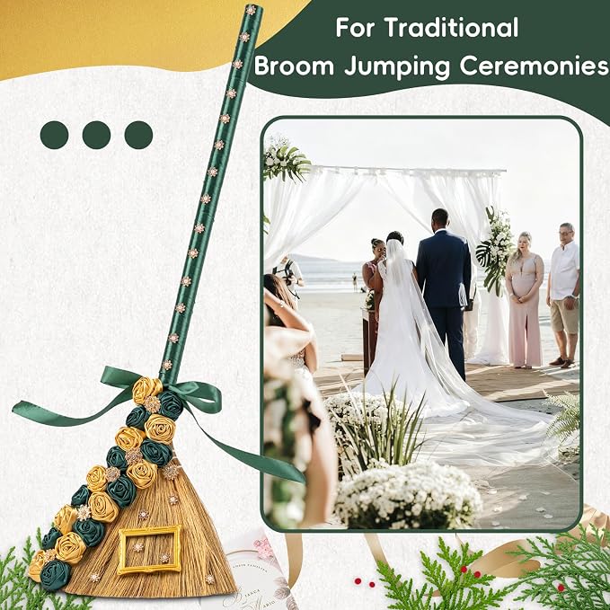 Wedding Broom for Jumping the Broom Ceremony - 40" Handcrafted with Natural Broom Corn, Velvet Roses, Crystals & Photo Frame, DIY Kit (Green & Gold, Premium Gift Box)