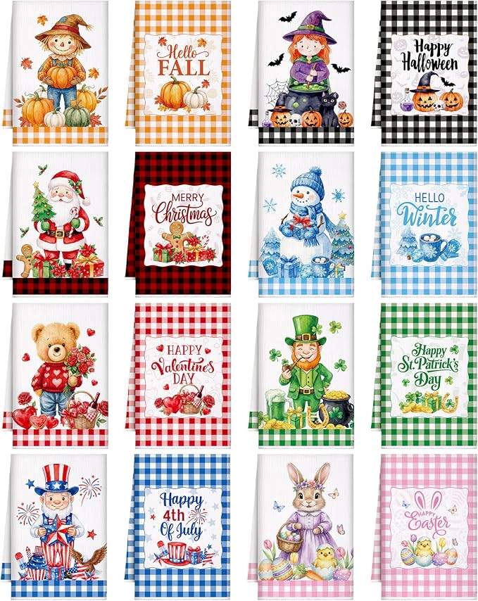 Bencailor 16 Pcs Seasonal Kitchen Towels Set for All Holidays Spring Easter Summer Hand Dish Tea Towels Bulk Absorbent Dishcloths Housewarming Gift for Cooking Kitchen Bathroom