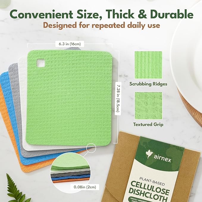 AIRNEX Natural Kitchen Cleaning Bundle - 12 Compostable Cellulose & Coconut Sponges & 10 Cellulose Swedish Dishcloths - Non-Scratch Dish Sponges & Reusable Absorbent Cleaning Cloths