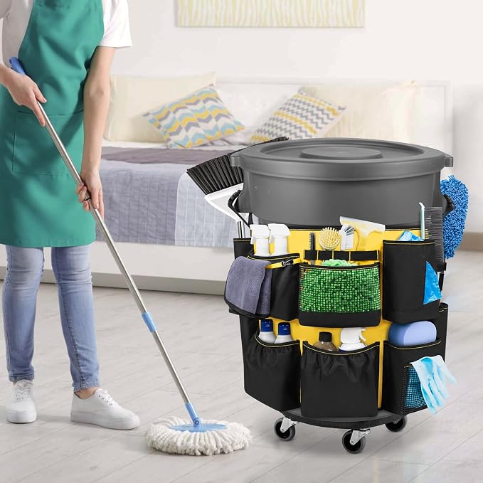 HODRANT 32-55 Gallon Trash Can Caddy Bag, Garbage Bin Apron Caddy with Multiple Pockets for Cleaning Supplies, Cleaning Tool Organizer with Adjustable Buckle for Janitorial Trash Can, Black+Yellow