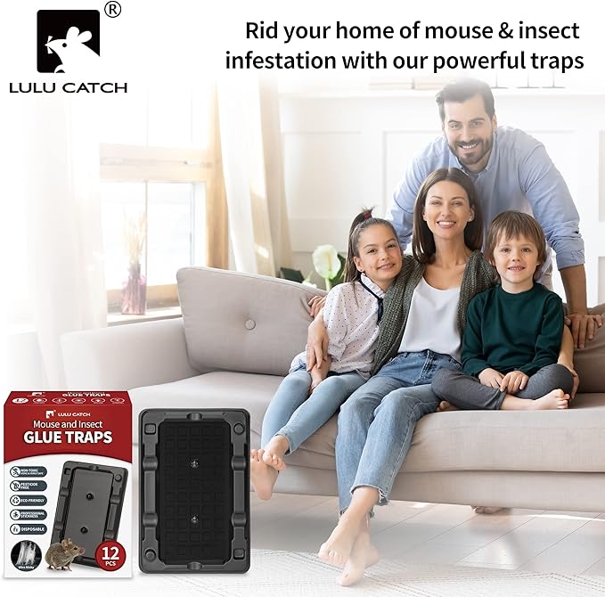 LULUCATCH Mouse & Insect Traps 12 Pack, Heavier Sticky Traps with Non-Toxic Glue for Small Mice & Insects. Sticky Mouse Traps Indoor for Home, Easy to Set