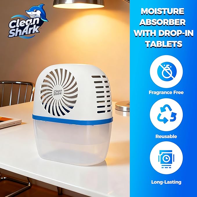 CleanShark Moisture Absorber with Drop-In Tablets - Reusable Moisture Absorbers for Closet & Damp Areas - Includes 2 Long-Lasting Dehumidifier Tablets (17.6 oz), Fragrance Free