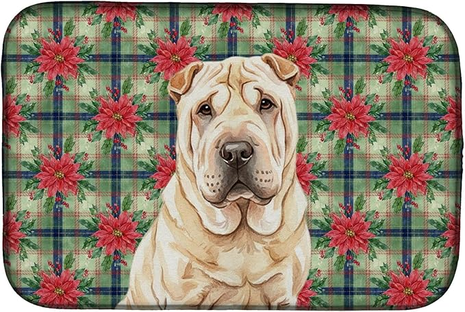 Caroline's Treasures Shar Pei Christmas PoinsettIas Dish Drying Mat Absorbent Dish Drying Mat Pad for Kitchen Counter Dish Drainer Mat for Countertop, 14 x 21", Multicolor