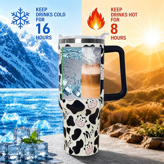 Ceovfoi 40 Oz Cow Tumbler With Handle,Cow Print Coffee Travel Mug Cup Water Bottle,Cow Print Decor,Cow Gifts for Women