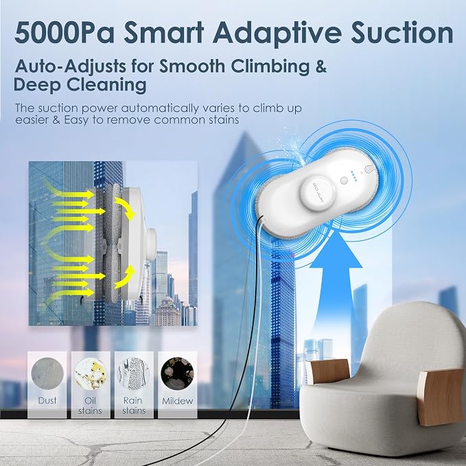 Window Cleaning Robot, 5000Pa Suction, Dual Spray, AI Smart Path Planning, Wet and Dry Glass Cleaner with Edge Detection and Anti-Drop Protection for High-Rise Windows