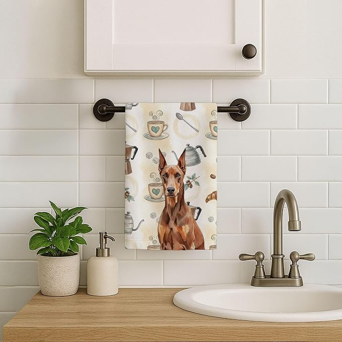 Caroline's Treasures Red Doberman Pinscher Coffee Bar Kitchen Towel Velour Plush Front and Cotton Loop Back Machine Washable