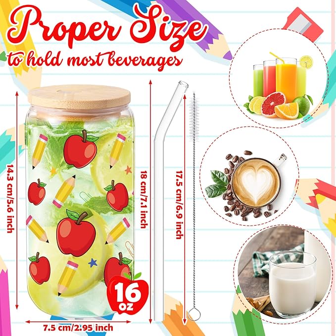 Sliner 2 Pcs Teacher Glass Cups Teacher Appreciation Gifts Iced Coffee Tumbler with Lid Straw End of Year Gifts for Teachers Students, 16 oz Pencil and Apple Drinking Glasses