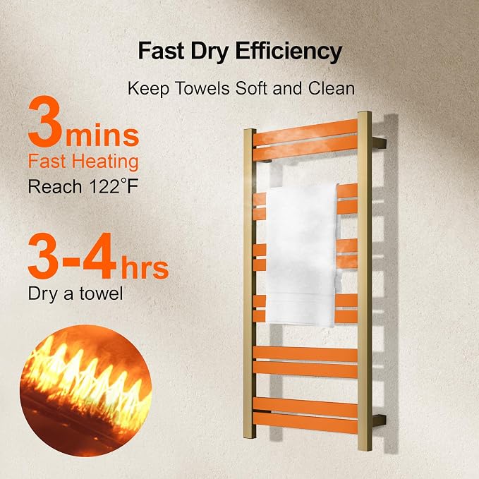 Electric Towel Warmer - Wall Mounted Bathroom Heated Towel Rack, Plug-in Design & Brushed Stainless Steel Finish Gold