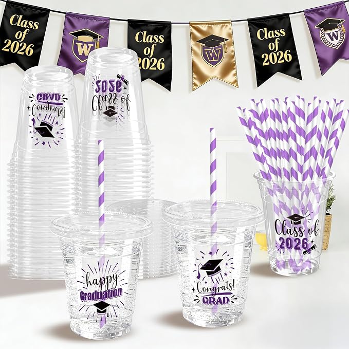 50 Pack Graduation Plastic Cups with Lids Straws 12 oz Purple Disposable Class of 2026 Decorations Graduation Party Favor Drinking Beverage Cup for Party Supplies Decorations