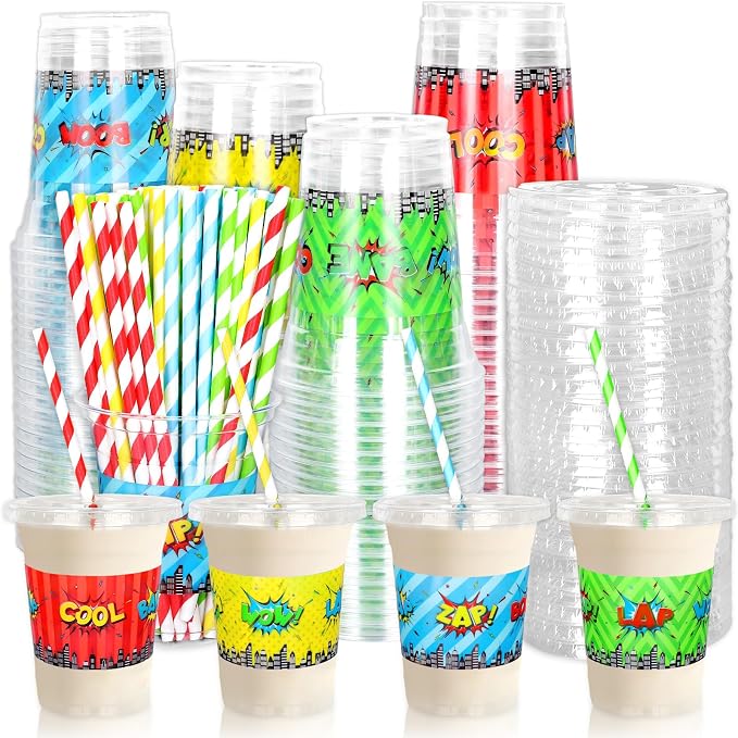 FYSUIMU 100Pcs 12Oz Hero Party Disposable Plastic Cups with Lids and Straws Super Hero Theme Cold Beverage Drinking Cups for Home Kitchen Party Supplies