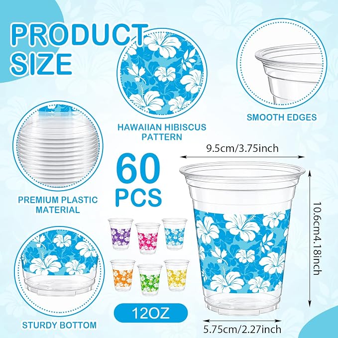 Tanlade 60 Pcs Hawaiian Luau Cups 12 oz Plastic Tropical Floral Cup Disposable Party Drinking Hawaii Hibiscus Beverage Drinkware for Summer Hawaiian Luau Tropical Pool Beach Birthday Party Supplies