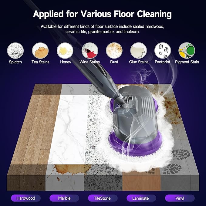 Scrub & Steam Mop with Rotating Mop Pads, LED Headlights, 6 Scrub Pads, Large Tank, Swivel Steering, Effortless Scrubbing Hard Floor Cleaner Upgraded